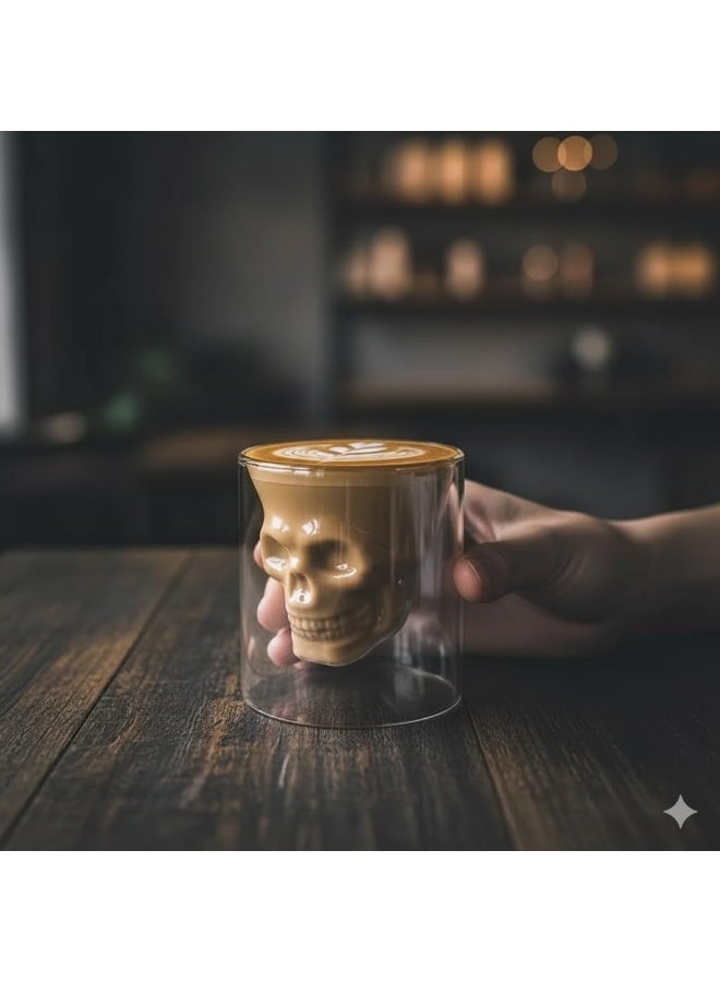كوب زجاجي مزدوج الجدار بتصميم جمجمة - 250 مل زجاج بوروسيليكات مقاوم للحرارة - مج معزول للقهوة والاسبريسو والمشروبات الباردة - Image 2